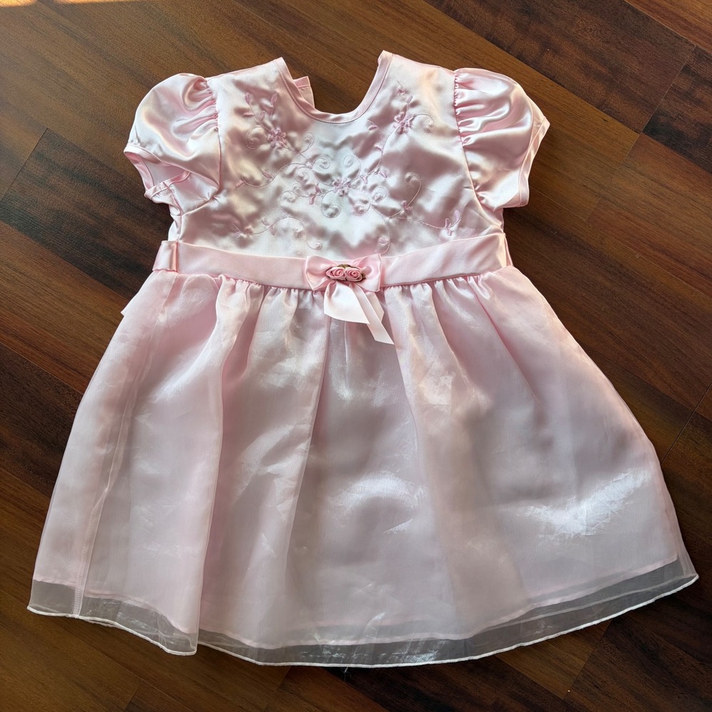 Vintage Easter‎ Girls Pink Satin Embroidered Party Dress 4T Puff Sleeve Bow